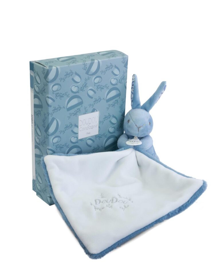 Doudou et Compagnie Blauwe Konijnen Knuffeldoekje 10 cm – Zachtheid en Elegantie voor Baby's