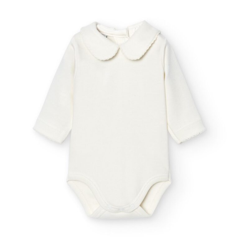 Babidu lange mouw romper met kraag in neutrale beige – 100% katoen – comfortabele basic.