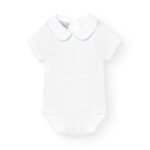 Babidu korte mouw romper met piqué kraag in beige met een subtiel blauw accent
